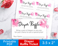Printable raffle tickets with watercolor pink flowers for a girl baby shower. These printable diaper raffle game tickets are a fun and easy way to host a raffle game at your baby shower!