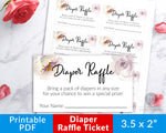 Printable raffle tickets with watercolor white flowers for a gender neutral baby shower. These printable diaper raffle game tickets are a fun and easy way to host a raffle game at your baby shower!