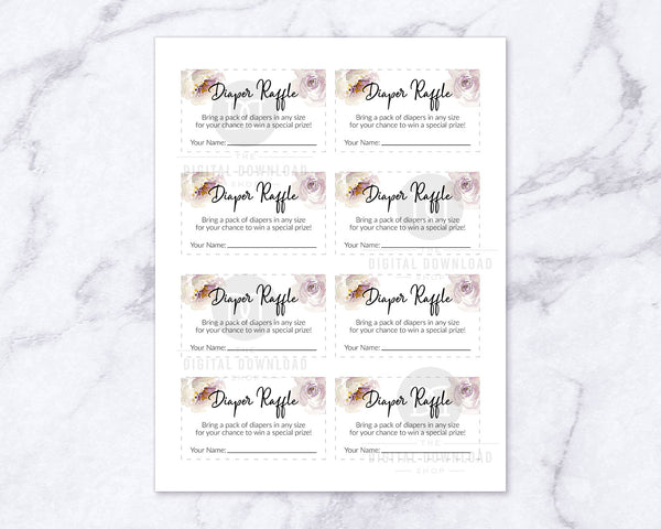 Printable raffle tickets with watercolor white flowers for a gender neutral baby shower. These printable diaper raffle game tickets are a fun and easy way to host a raffle game at your baby shower!