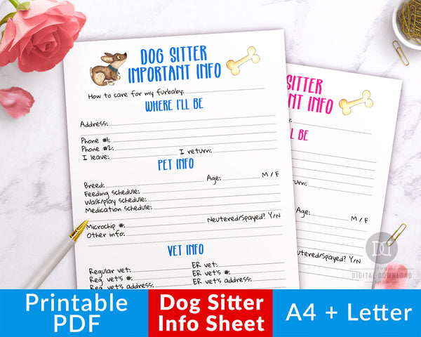Dog sitter info sheet printable with adorable watercolor dog graphics. Use this pet sitter printable to give your dog sitter an easy reference for how to care for your furbaby!
