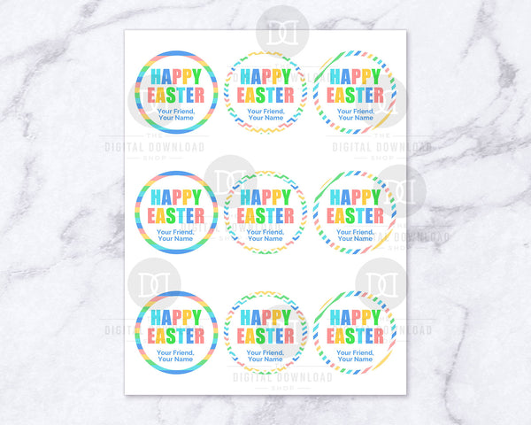 Printable Happy Easter Stickers- These editable printable Easter labels would be the perfect finishing touch on your Easter party favors or Easter gifts! And you can personalize them yourself! | #printable #Easter #partyFavor #DigitalDownloadShop