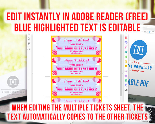 Event Ticket Editable Printable: Birthday- These DIY birthday tickets are the perfect way to give the gift of a concert, trip, or other fun event! | birthday coupon, DIY birthday gift #eventTicket #invitation #diyGift #birthday #DigitalDownloadShop