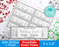 Editable and printable holiday event ticket template. These custom silver snowflake event tickets are the perfect way to send out invitations to Christmas parties, winter school plays, community events, family events, and more! 