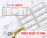 Editable and printable holiday event ticket template. These custom silver snowflake event tickets are the perfect way to send out invitations to Christmas parties, winter school plays, community events, family events, and more! 