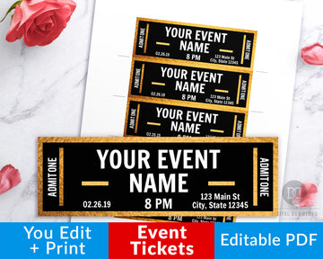 Event Ticket Editable Printable- Gold + Black