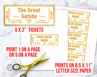 Event Ticket Editable Printable: White and Gold- These DIY event tickets are perfect for parties, concerts, sports events, community events, family events, and so much more! | Great Gatsby party, #eventTickets #invitation #printable #DigitalDownloadShop