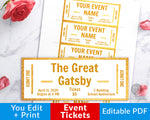 Event Ticket Editable Printable: White and Gold- These DIY event tickets are perfect for parties, concerts, sports events, community events, family events, and so much more! | Great Gatsby party, #eventTickets #invitation #printable #DigitalDownloadShop