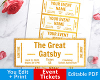 Event Ticket Editable Printable: White and Gold- These DIY event tickets are perfect for parties, concerts, sports events, community events, family events, and so much more! | Great Gatsby party, #eventTickets #invitation #printable #DigitalDownloadShop