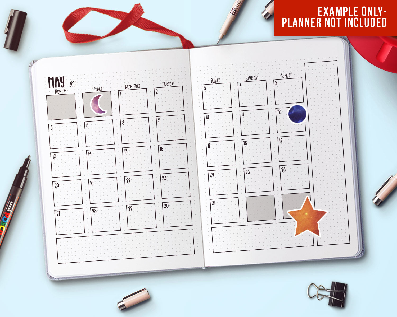 Bullet Point Journal Set, Celestial Moon and Stars Theme for Planner  Lovers, Undated Use for Any Month, Dot Grid and Blank Printable Inserts 