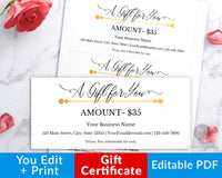 Printable Gift Certificate for Businesses- These editable gift cards are an easy, beautiful, and professional way to issue gift certificates for your business! | DIY gift certificate, business printables, #printable #smallBusiness #DigitalDownloadShop