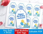Editable and printable birthday gift tags with a cute blue owl. These editable tags would make lovely finishing touches to birthday presents for a boy's owl themed birthday party!