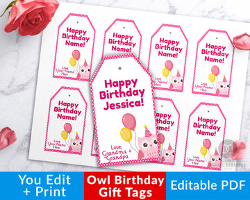 Birthday Gift Tags Editable Printable- Pink Owl