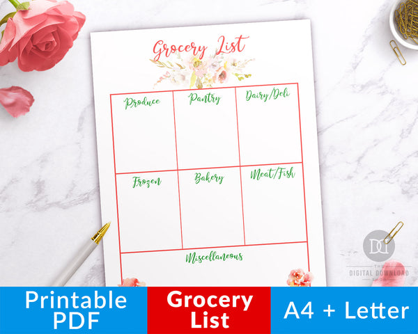 Grocery list printable with gorgeous watercolor florals. Use this grocery list template to break up your shopping list into categories for an easier time at the grocery store!