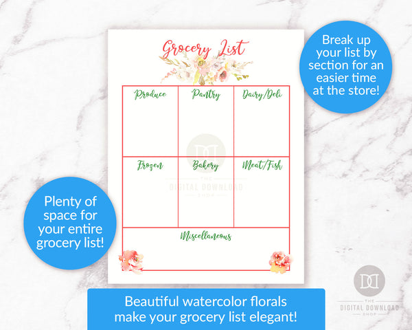Grocery list printable with gorgeous watercolor florals. Use this grocery list template to break up your shopping list into categories for an easier time at the grocery store!