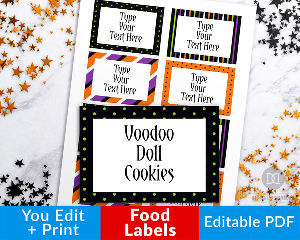 Editable and printable Halloween food labels. These editable food tags are the perfect addition to your Halloween party's buffet table! | #Halloween #HalloweenParty #labels #tags #DigitalDownloadShop