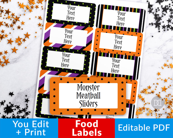 Editable and printable Halloween labels. These editable food labels are the perfect addition to your Halloween party's buffet table!