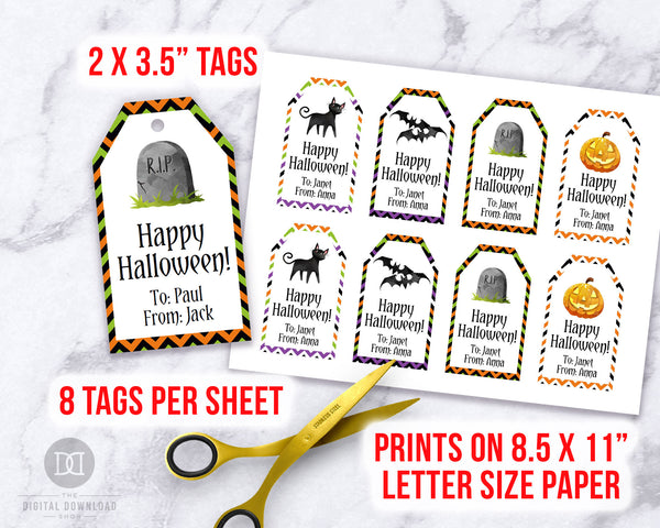 Editable and printable Halloween tags with cute Halloween graphics! These editable tags would make wonderful finishing touches to Halloween party favors or Halloween treat bags!