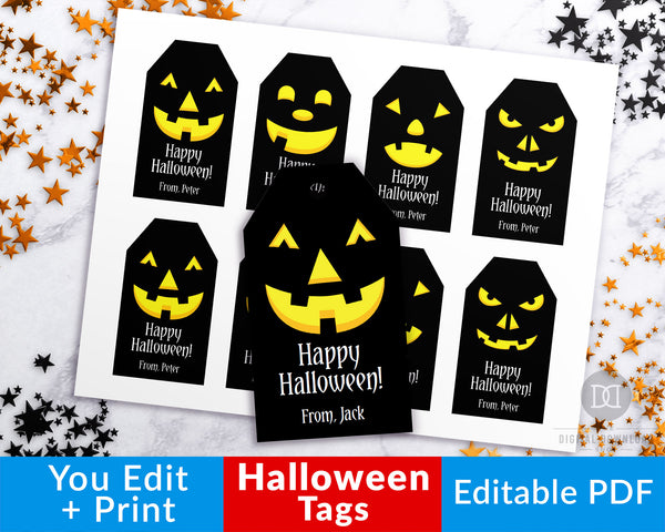 Editable and printable Halloween tags with fun Jack O'Lantern faces! These editable tags would make wonderful finishing touches to Halloween party favors or Halloween treat bags!
