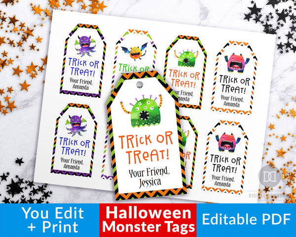 Editable and printable Halloween tags with fun monster graphics! These editable tags would make wonderful finishing touches to Halloween party favors or Halloween treat bags!