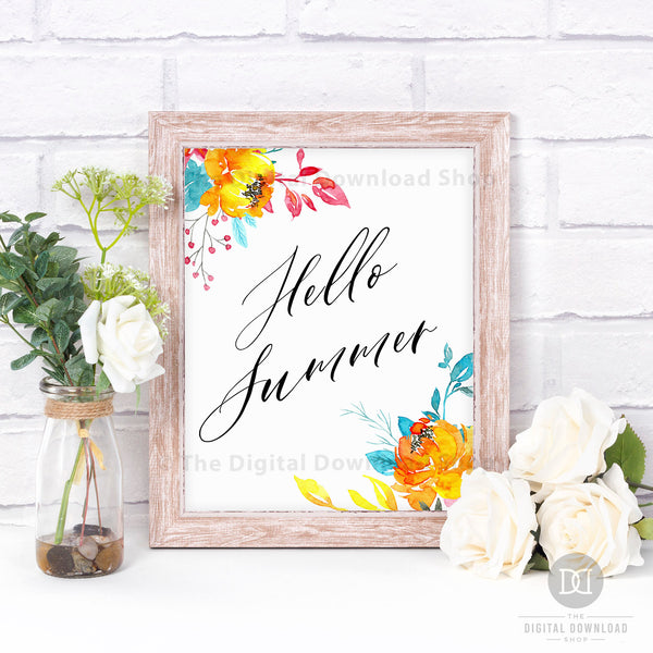 Gorgeous Hello Summer wall art printable with bright and cheery watercolor florals. This lovely summer decor art print would be the perfect way to brighten up any room of your home!