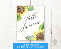 Gorgeous Hello Summer wall art printable with beautiful watercolor sunflowers. This lovely summer decor art print would be the perfect way to brighten up any room of your home!