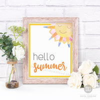 Gorgeous Hello Summer wall art printable with a cute watercolor smiling sun.