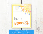Gorgeous Hello Summer wall art printable with a cute watercolor smiling sun.