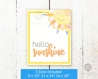 Gorgeous Hello Sunshine wall art printable with a cute watercolor smiling sun. This lovely summer decor art print would be the perfect way to brighten up any room of your home!