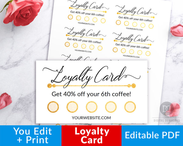 Loyalty Card Template Printable Editable: Gold- These editable customer reward stamp cards are an easy, beautiful, and professional way to issue customer loyalty rewards for your business! | business printables, #smallBusiness #printable #DigitalDownloadShop