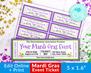 Mardi Gras Event Ticket Printable- 2 Fleur de Lis *EDIT ONLINE*