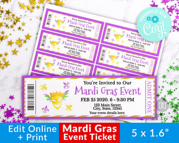 Mardi Gras Event Ticket Printable- Mask *EDIT ONLINE*
