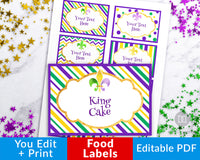 Mardi Gras Food Labels Printable Editable- Your Mardi Gras party will be the talk of the town with these fun editable food labels on your buffet table! | DIY labels, food cards, place cards, buffet food tags printable, #mardiGras #food #DigitalDownloadShop