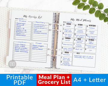 Meal Planner + Grocery List Printable- Black + White