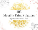 105 metallic paint splatters clipart PNG images (35 gold, 35 rose gold, + 35 silver) for personal and commercial use.