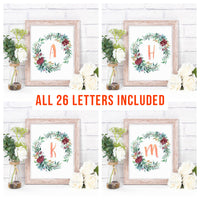 Watercolor Floral Wreath Monogram Printable- Peach