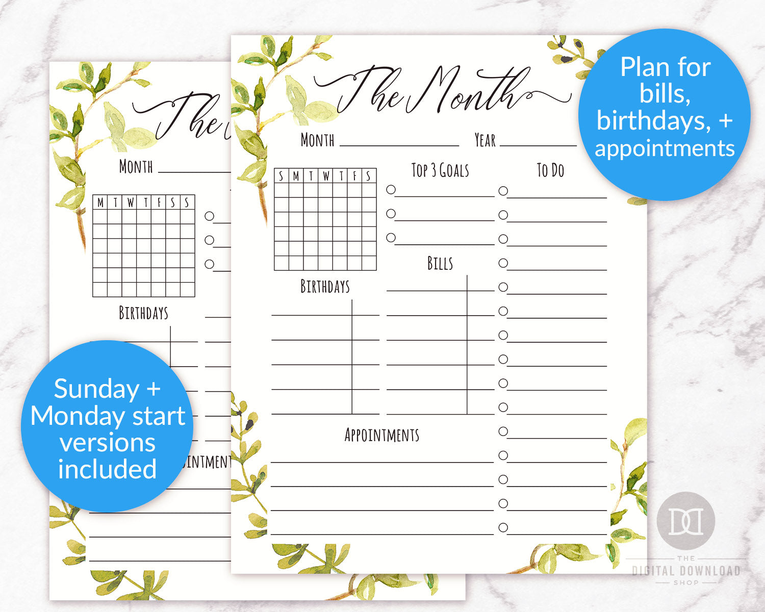 Month at a Glance Printable- Watercolor Greenery | The Digital Download Shop month-at-a-glance-printable-watercolor-greenery-the-digital-download-shop