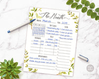 Month at a Glance Printable- This beautiful watercolor printable monthly planner has everything you need to plan the perfect month! It even includes spaces to plan for bills and birthdays! | monthly organizer, month on one page, undated planner printable, #planner #printable #DigitalDownloadShop