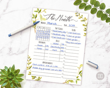 Month at a Glance Printable- Watercolor Greenery