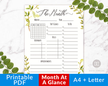 Month at a Glance Printable- Watercolor Greenery