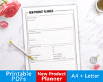New product planner printable with a minimalist black and white design. Use product idea template printable to help you plan out your next product, and pick the perfect price!