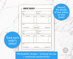 Order form + order tracker printables with minimalist black and white designs. Use these printable order form templates to keep track of your orders and their current statuses.