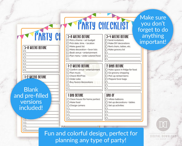 2 party checklist printables, perfect for birthday party planning, anniversary party planning, graduation party planning, and more!