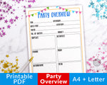 Party planner printable overview, perfect for birthday party planning, anniversary party planning, graduation party planning, and more!