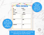 Party planner printable overview, perfect for birthday party planning, anniversary party planning, graduation party planning, and more!