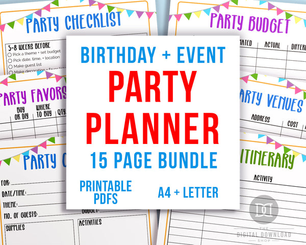 15 page party planner printable bundle, perfect for planning any type of party! Use this event planner template kit to plan out different aspects of your party and record important information so you don't forget a thing!