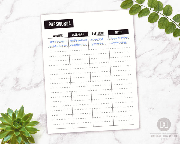 Password Tracker Printable: Black and White- You'll never forget another password again with this beautifully minimalist password tracker printable! It comes in 4 sizes! | password organizer, printable password book, password logbook, Internet login organizer, #printable #planner #DigitalDownloadShop