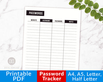 Password Tracker Printable- Black and White