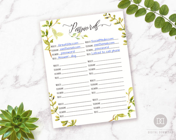 Password Tracker Printable- This pretty password log printable with watercolor greenery is a beautiful way to keep track of all your Internet logins! | #passwordTracker #passwordLog #printable #DigitalDownloadShop
