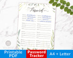 Password Log Printable- Watercolor Greenery