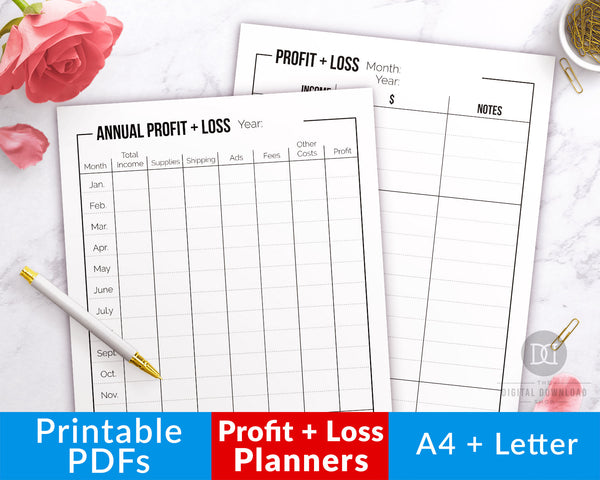 2 profit and loss statement printables- 1 yearly template + 1 monthly template.